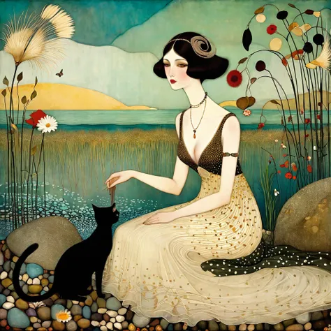 Art style by Klimt, Sam Toft, Florine Stettheimer, Dina Wakley, Catrin Welz-Stein, Gabriel Pacheco, Elisabeth Fredriks, of two Young European women, sweet light brown eyes, dress with wide cleavage. comb long black hair, sitting on beach of tiny stones. Ar...