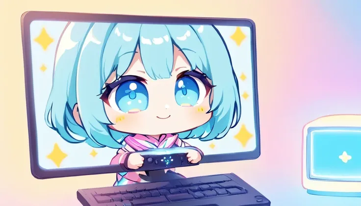 close up face, smile, On the computer screen, an anime chibi character vtuber is moving around energetically. Her character is cute, dressed in a colorful costume. Her voice is bright, entertaining the viewers. She plays games, talks, and responds to comme...