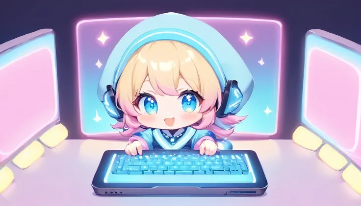 close up face, smile, On the computer screen, an anime chibi character vtuber is moving around energetically. Her character is cute, dressed in a colorful costume. Her voice is bright, entertaining the viewers. She plays games, talks, and responds to comme...