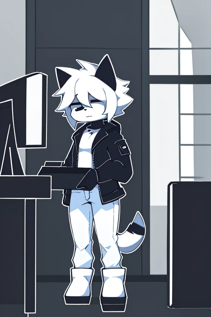 girl, furry, White cat, white hair, short hair, wide coffee boots, blue jeans, black open jacket, holding a white computer big, alone, black eyes.