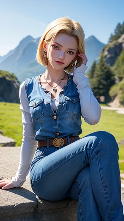 masterpiece, Highest quality, Super detailed, Absurd, Beautiful portrait of Android18DB, alone, Earrings, jewelry, denim, smile, belt, Best, cloud, null, Day, pants, Outdoor, gloves, necklace, jeans, rock, Sitting, 