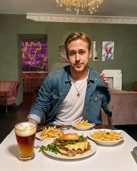 ryan gosling eating behind the table with a glass of beer, a fork and a knife, and three dishes on it: quebec dish with french fries and cheese, Pork tenderloin with mashed potatoes and turkey sandwich