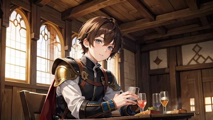 anime boy with brown hair, with medieval armor, in the background a tavern, the boy with his eyes open while sitting at a table