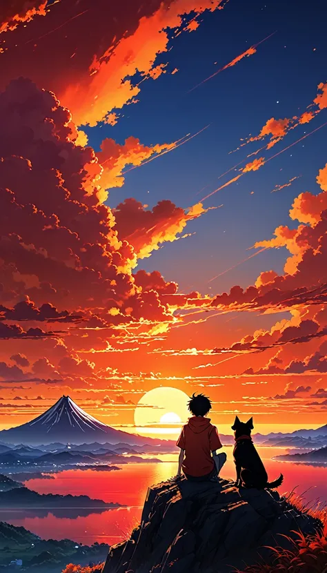 high quality, 8K Ultra HD, great detail, masterpiece, an anime style digital illustration, anime landscape of a young boy with his dog sitting on a high hill looking at a hellish orange and red sunset, anime nature wallpapers with serene sky, beautiful ani...