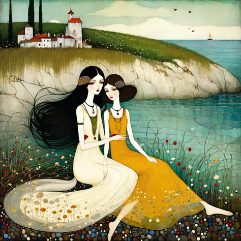 Art style by Klimt, Sam Toft, Florine Stettheimer, Dina Wakley, Catrin Welz-Stein, Gabriel Pacheco, Elisabeth Fredriks, of two Young European women, long black hair, sweet light brown eyes, dress with wide neckline, sitting on beach of tiny stones. Around ...