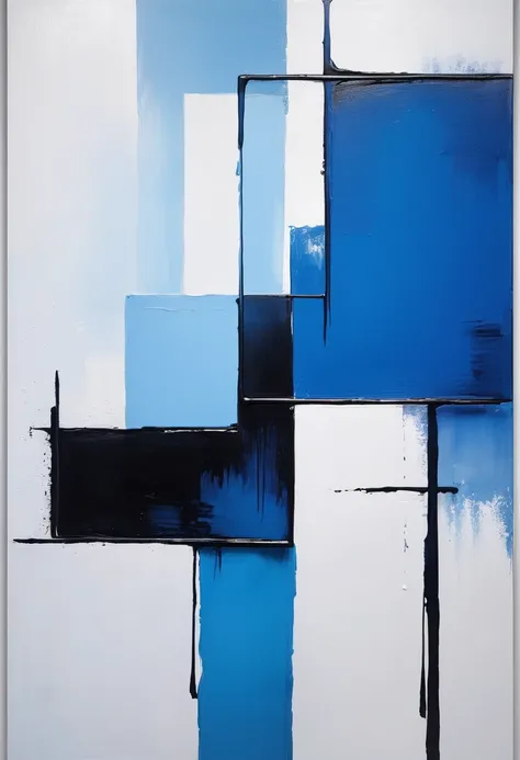 Full of art，Bright paint painting，The overall color is divided into three blocks，Blue on white background、Black oil painting, modern minimalism，Random blocks of color，artwork，Show love for life，Large brush feel，Gradient