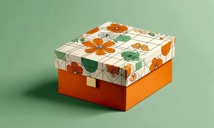 a beautifully designed gift box with handle, in the style of british plaid, Flowers，geometric lines, minimalist, modern, high-end, cute, color blocking, floral patterns, a cute elephant logo, orange and light green colors, illustration, cartoon, in the sty...