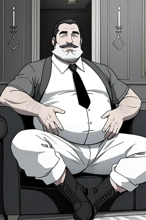 close up 1man in(handsome mature man plump chubby morbid extremely thick thighs bulging belly fat), older man, gray hair, white ...