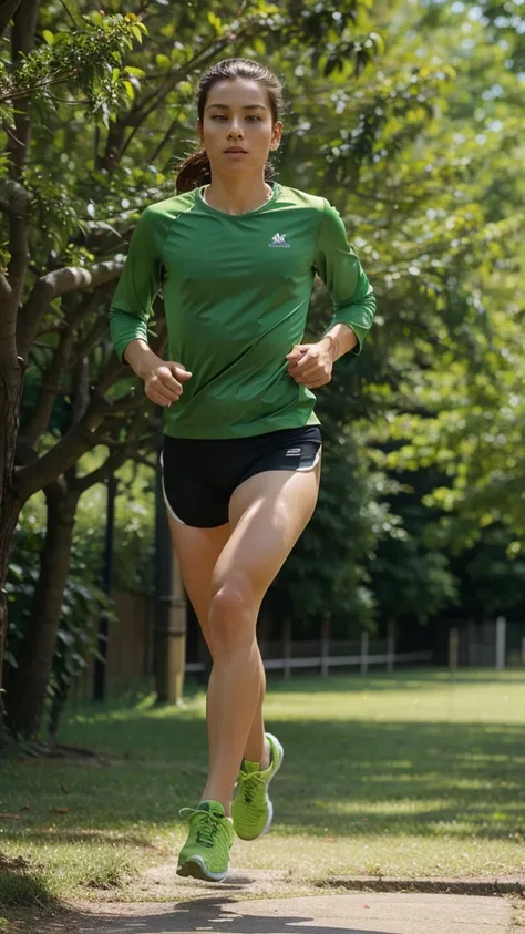 a person running, with training clothe, surrounded by green color