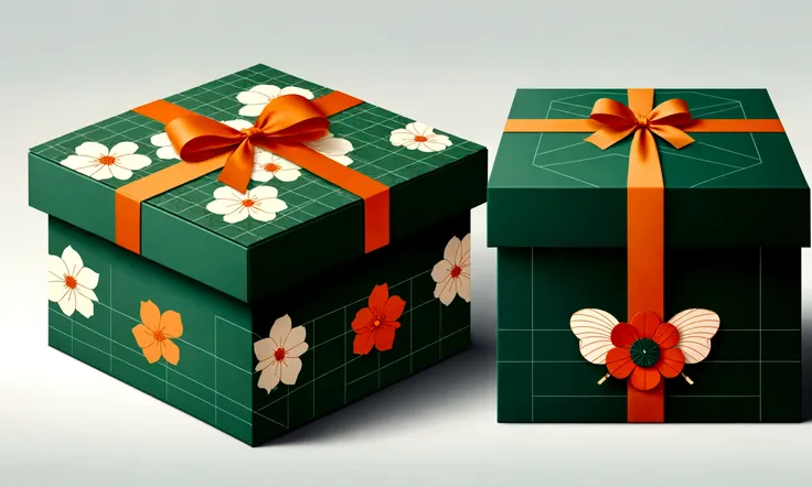 a beautifully designed gift box with handle, in the style of british plaid, Flowers，geometric lines, minimalist, modern, high-end, cute, color blocking, floral patterns, a cute elephant logo, orange and light green colors, illustration, cartoon, in the sty...