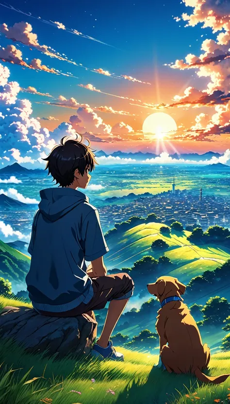 high quality, 8k ultra hd, great detail, masterpiece, an anime style digital illustration, anime landscape of a young boy with h...