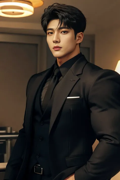 1 handsome young muscular man, (brutalmass:1.55), (kpop: 1.33), model, (detailed perfect face, black eyes: 1.2345), standing indoors, (extremely wide and broad shoulders, super muscular, giant muscles, defined abs: 1.331), (black suit: 1.555), realistic sk...