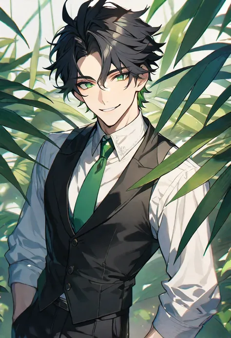 Solo, 1 male, handsome, black hair, green eyes, white shirt, green tie, black vest, black pant, smile facial