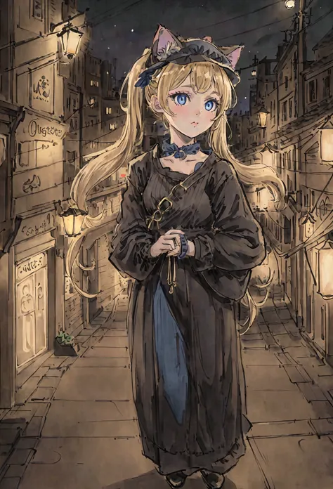 (best quality,4k,highres,masterpiece:1.2),ultra-detailed,realistic:1.37,blonde girl with long pigtails,blue eyes, wearing a cat ear hat, night background, street lamps lighting up the scene