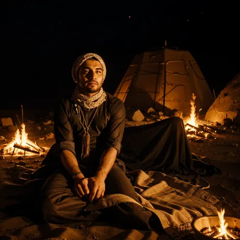 A man wearing a dress and a shemagh sits in the desert in front of a fire at night 