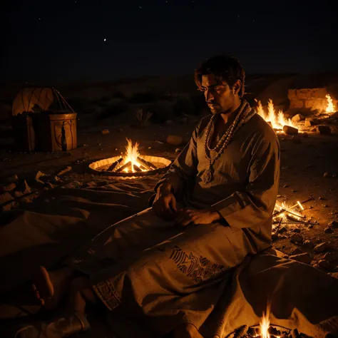 A man wearing a dress and a shemagh sits in the desert in front of a fire at night 