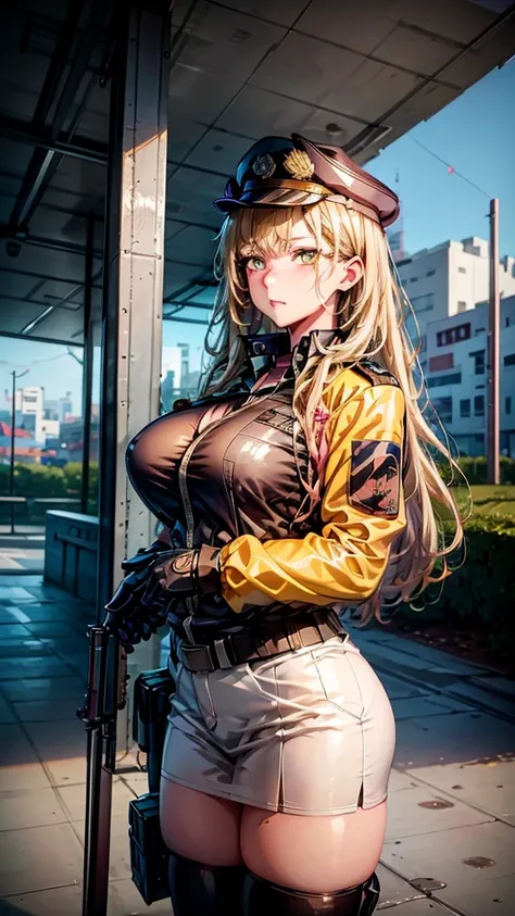 Yellow eyes,   a woman in a police uniform posing for a picture, marin kitagawa fanart, seductive anime girl, oppai, police officer, from girls frontline, fine details. girls frontline, cushart krenz key art feminine, big breast, 1 girl, beast quality, blo...