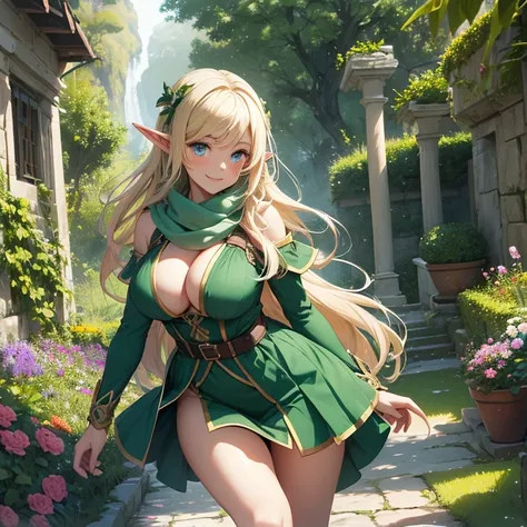 (absurdres, high fantasy artwork, best high quality image, carefuly detailed, very detailed features and textures) solo character, front view
26 years old elf girl, tall voluptuous body, long straight golden hair, short pointy ears, ligh blue eyes, big bre...