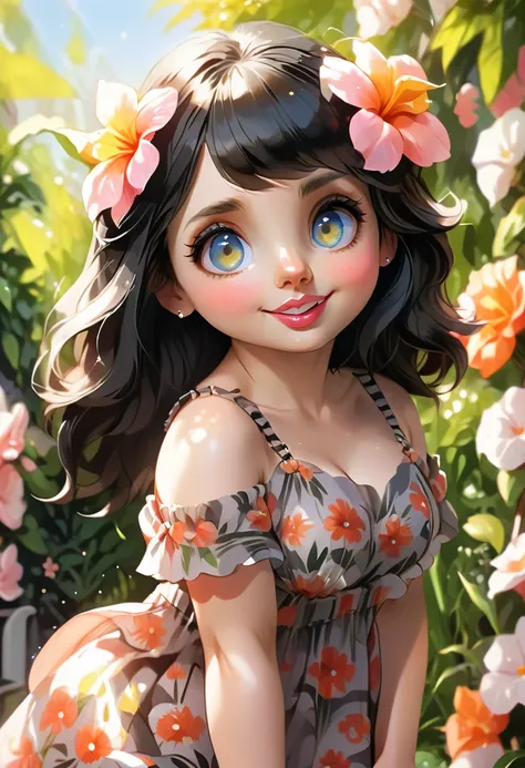 Adorable, Woman,big-eyed woman, round face. promenent lips. Smileing,In the garden,Her hands are behind her...., , large ass, wearing a cute sun dress. Picture from the side,looking at the scenes, intense colors, Very valuable details, complex details, vol...