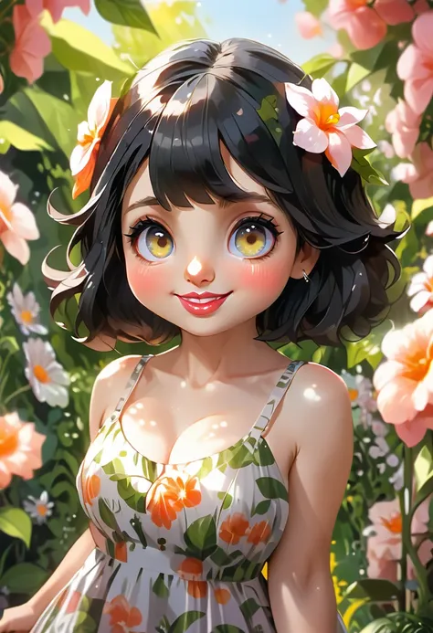 Adorable, Woman,big-eyed woman, round face. promenent lips. Smileing,In the garden,Her hands are behind her...., , large ass, wearing a cute sun dress. Picture from the side,looking at the scenes, intense colors, Very valuable details, complex details, vol...