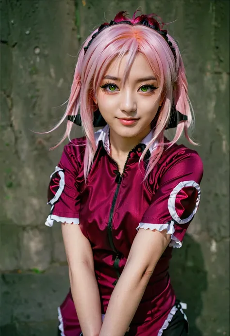 anime - style girl with pink hair posing for a picture, green eyes, haruno sakura, sakura haruno, anime girl cosplay, sakura haruno in slug sage mode, anime cosplay, anime girl in real life, (highly detailed face:1.4) (smile:0.7) (background inside dark, m...