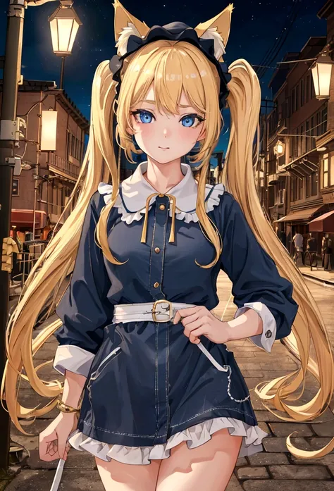 (best quality,4k,highres,masterpiece:1.2),ultra-detailed,realistic:1.37,blonde girl with long pigtails,blue eyes, wearing a cat ear hat, night background, street lamps lighting up the scene
