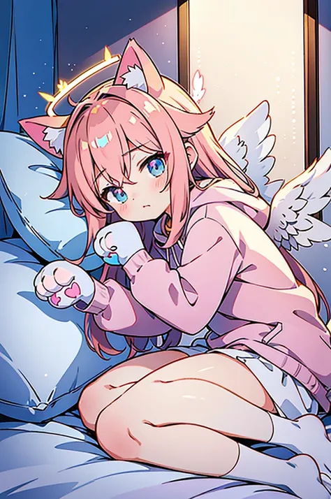 anime style,Angel shota,(((glowing Paw-shaped halo))),cat ears,pink long hair,white hoodie,angel wings,good night!,down on pillow,Faint lighting, hazy outlines,love you,