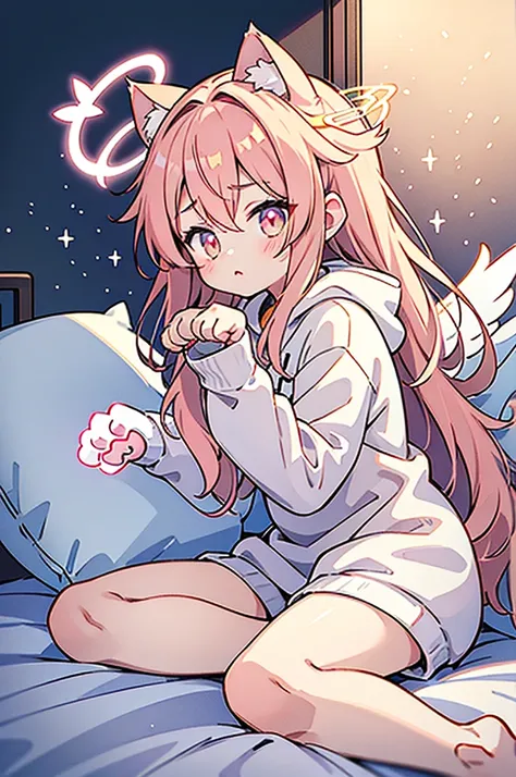 anime style,Angel shota,(((glowing Paw-shaped halo))),cat ears,pink long hair,white hoodie,angel wings,good night!,down on pillow,Faint lighting, hazy outlines,love you,