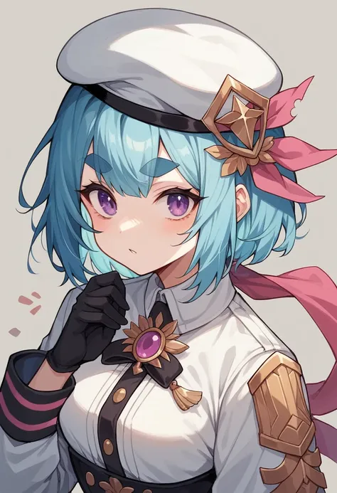 An anime-style girl with white and light Blue hair, featuring a pink streak in the middle of her bangs. She has a gold leaf-shaped hair accessory and is wearing a black beret-like hat. The girl has purple eyes and thick eyebrows. She is holding a small bir...