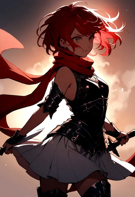 Warrior Girl, short red hair with, black torso sleeveless armor with a scarf, long black metal boots, white skirt, with a short Sword