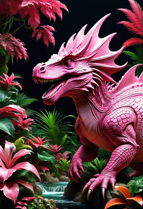 Pink Dinosaur, dynamic, by Hugo Hodiener, best quality, masterpiece, very aesthetic, perfect composition, intricate details, ultra-detailed