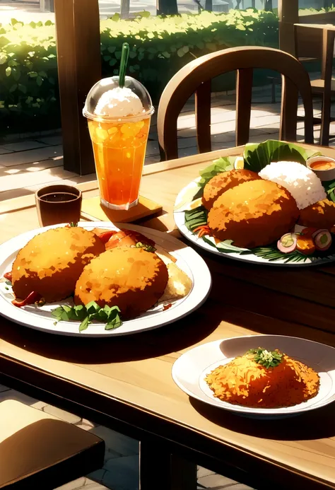 nasi goreng dish srilankan resturant table in  morning outside with cool drinks 
