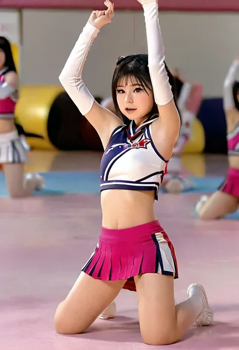 Young girl in cheerleading uniform　Small breasts　Kneeling with the crotch open　An erect and exposed clitoris　Short twin tail hairstyle　Japanese　Plump areola　Big erect nipples　Blushing in sexual climax　Squirting　Breast milk squirting