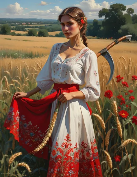 A painting of a woman holding a scythe in a field, by Slawomir Maniak, bohemian style, drawn in the style of mark arian, render of a delicate white muslin blouse with ornate lace embroidery, ::a vibrant red embroidered folkloric skirt blooms with intricate...