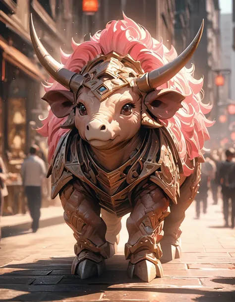 Full body portrait，Low Angle View，Pink Triceratops，Q version，Cute and adorable，Cartoon，Oil painting effect，Snapshot aesthetic style ， Extreme detail，Rich details，OC Renderer，8K，Super Fine，Hyperrealism，masterpiece，Rich in details