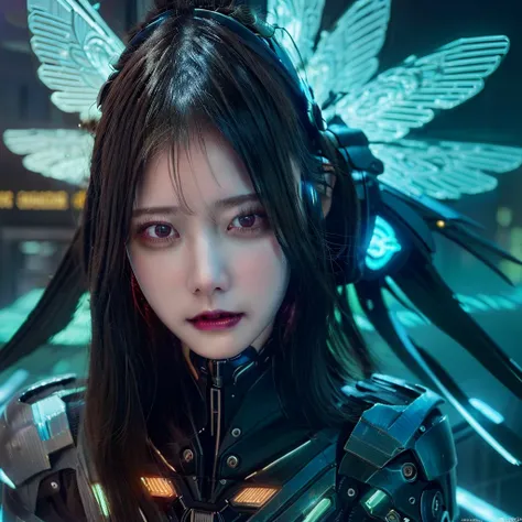 (masterpiece, best quality, 8k:1.2), (fantasy:1.3), 1girl,goddess women, intricate details, Low shutter, (wings,aura:1.2), most beautiful artwork in the world, aesthetics, atmosphere, (neon,cyborg:1.2),(cyberpunk background:1.2), (sparkly:1.2)