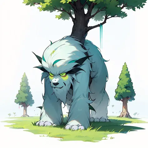 (Random evolusion trees mixed with huge yeti), big Evolusion, mixed with grass, mixed with twigs, white skins, gold,(green eyes), Grassroots, no background
