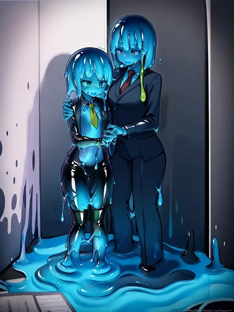 (slime girl, masculine face, short hair), {office background}, {{tie, shirt, slime business suit}}, horrified, {slime creature, ...