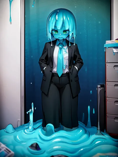 (slime girl, masculine face, short hair), {office background}, {{tie, shirt, slime business suit}}, horrified, {slime creature, ...