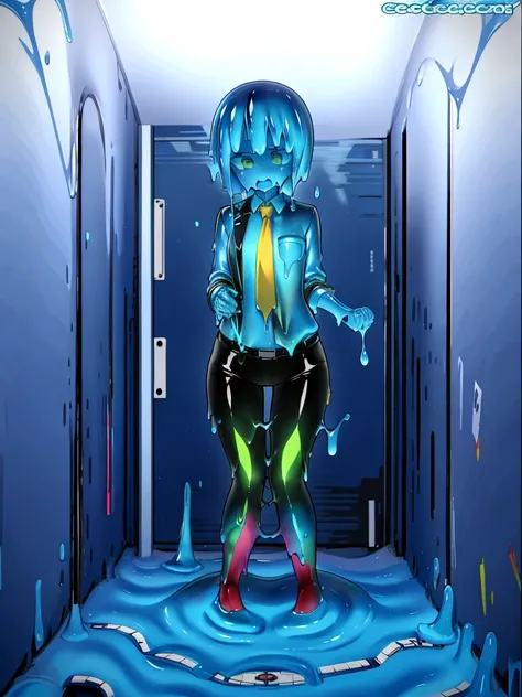 (slime girl, masculine face, short hair), {office background}, {{tie, shirt, slime business suit}}, horrified, {slime creature, rainbow slime, slime girl, slime transformation},