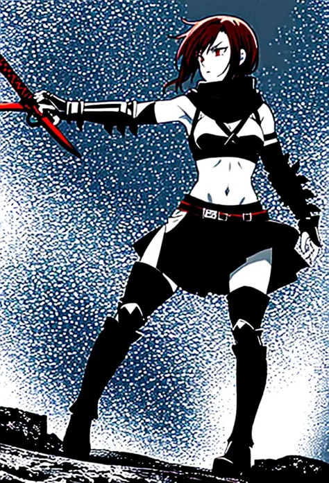 Warrior Girl, short red hair with, black torso sleeveless armor with a scarf, long black metal boots, white skirt, with a short Sword