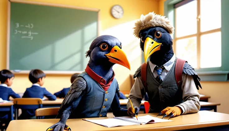 (photo film style), anthropomorphic, cute mynah bird, colorful , school classroom, getting advice from teacher, (((studying))), 2D, colorful, warm atmosphere, shiny, Jean-Baptiste Monge style, Alan Lee style