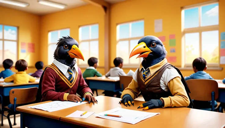 (photo film style), anthropomorphic, cute mynah bird, colorful , school classroom, getting advice from teacher, (((studying))), 2D, colorful, warm atmosphere, shiny, Jean-Baptiste Monge style, Alan Lee style