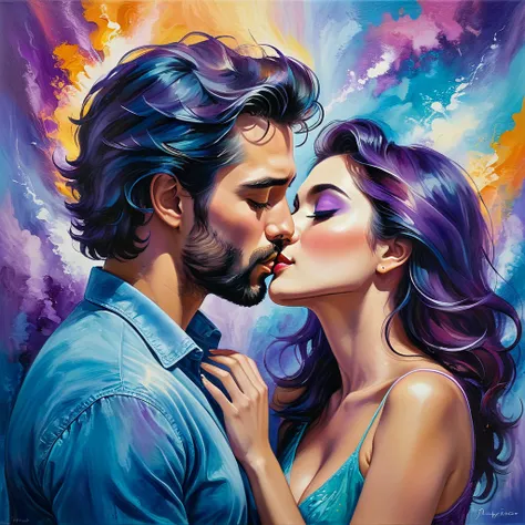 In this image, we see a couple engaged in a passionate kiss in front of a colorful background. The background features shades of blue and purple, creating a dreamy and romantic atmosphere. The couple is depicted in a painting, with the man and woman shown ...