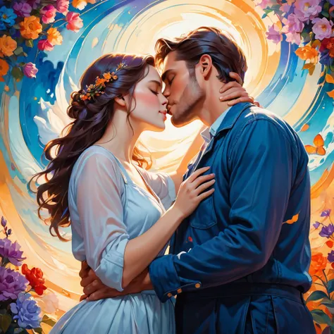 In this image, we see a couple engaged in a passionate kiss in front of a colorful background. The background features shades of blue and purple, creating a dreamy and romantic atmosphere. The couple is depicted in a painting, with the man and woman shown ...