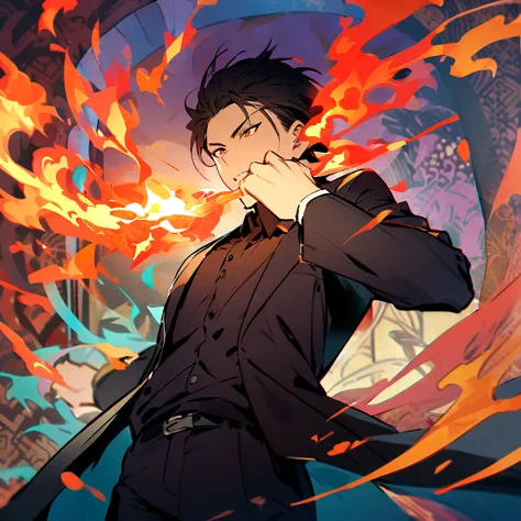 (best quality), oriental detailed background, one man wearing a black suit has flame power