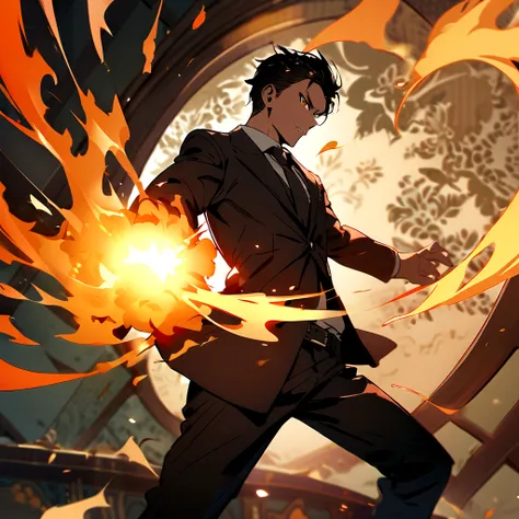 (best quality), oriental detailed background, one man wearing a black suit has flame power