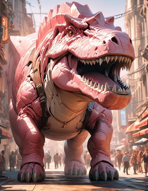 Full body portrait，Low Angle View，Pink Tyrannosaurus Rex，Q version，Cute and adorable，Cartoon，Oil painting effect，Snapshot aesthetic style ， Extreme detail，Rich details，OC Renderer，8K，Super Fine，Hyperrealism，masterpiece，Rich in details