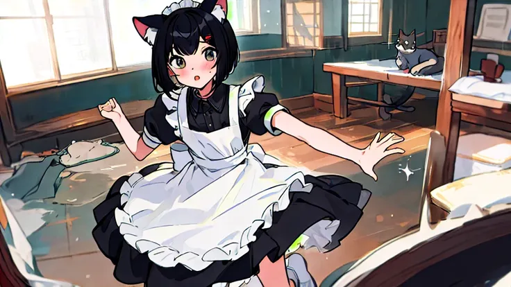 masterpiece、Highest quality、Black Hair、Cat ear、Bob Hair、Maid clothes、turn around