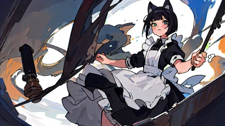 masterpiece、Highest quality、Black Hair、Cat ear、Bob Hair、Maid clothes、turn around